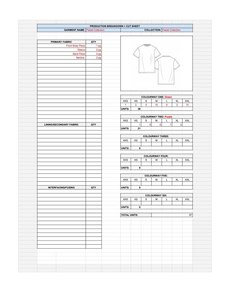 May include: Production breakdown cut sheet for a pastel collection t-shirt. The sheet includes a table with the quantity of fabric needed for each size, from XXS to XXL, and the total number of units needed for each colorway. The colorways are Green, Purple, and three other unnamed colors.