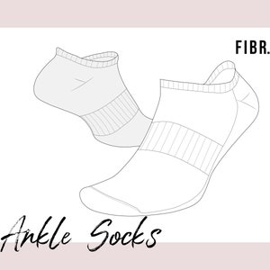 Peut inclure: Dessin au trait de deux chaussettes de cheville. Les chaussettes sont blanches avec des rayures grises. Le texte "FIBKR." est dans le coin supérieur droit de l'image. Le texte "Ankle Socks" est dans le coin inférieur gauche de l'image.