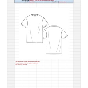 May include: A technical drawing of a T-shirt with a rounded neckline and inset sleeves. The text on the drawing says "Relaxed Fit T Shirt with inset sleeves and rounded neckline".