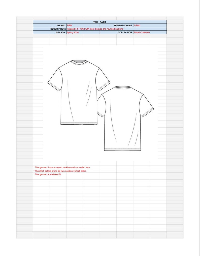 May include: A technical drawing of a T-shirt with a rounded neckline and inset sleeves. The text on the drawing says "Relaxed Fit T Shirt with inset sleeves and rounded neckline".