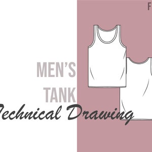 May include: Technical drawing of a men's tank top, showing the front and back views. The drawing is labelled "MEN'S TANK Technical Drawing" and "FIBR."