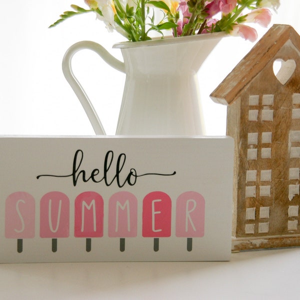 Holzschild ''Hello Summer'', Sommerdeko, Sommerschild, Schild mit Motiv, Eisstiele, Landhausdeko