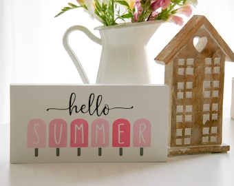 Holzschild ''Hello Summer'', Sommerdeko, Sommerschild, Schild mit Motiv, Eisstiele, Landhausdeko