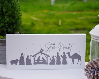 Wooden stand ''Silent Night', nativity sign, nativity figures, Christmas crib, country house sign, winter decoration, Christmas sign, Christmas decoration