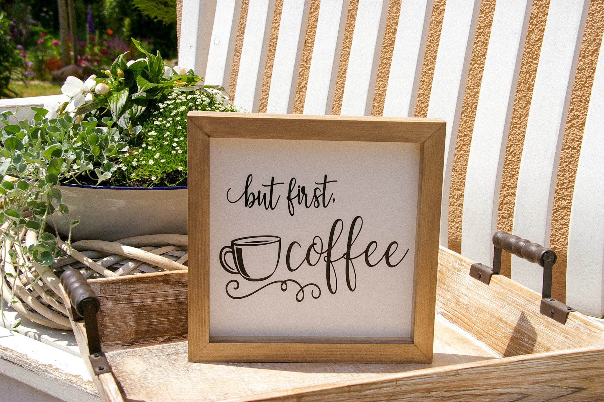 Wooden sign with frame ''But First Coffee'', sign with motif, wooden decoration, country house sign