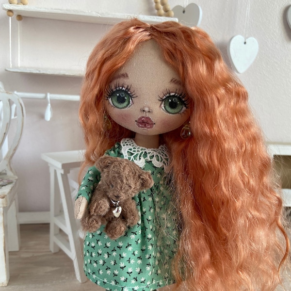 Handmade fabric doll. Art textile doll. Personal gift. Doll with teddy bear. Rag doll with curly red hair and green eyes.