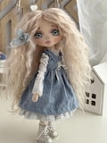 Handmade textile doll with long snow-white hair and blue eyes, for interior decoration, as a gift for her.