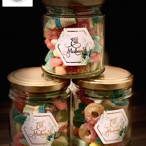 Halal Sweet jars - 200ml - with Eid Mubarak stickers - great as birthday favours or other occasions