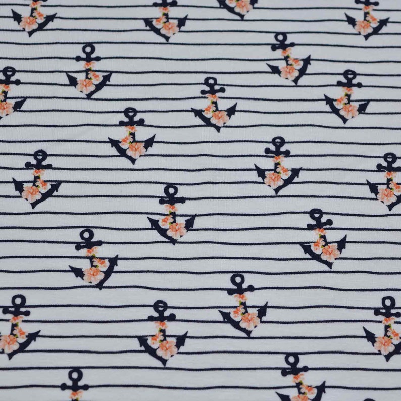 Cotton jersey fabric Dina flower anchors, white with salmon-colored flowers, old anchors and stripes image 2