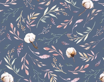 Remaining piece: cotton jersey fabric cotton blossom cotton plant branches leaves; approx. 1.6 m