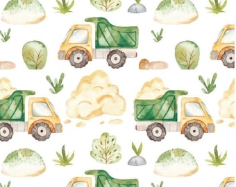 Cotton jersey print green yellow tipper truck on tour, with plants, on white background | Miss Julie