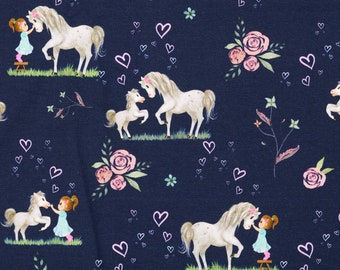 Cotton jersey print horse with foal and little girl on navy blue roses, hearts, flowers
