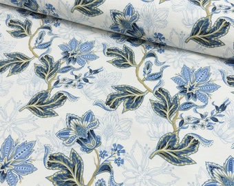 Cotton jersey fabric Bluette - blue white flowers and plants | New collection 2024