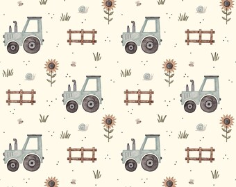 Cotton jersey fabric "Dina" panel 0.5 m x 1.5 m tractor, fence and sunflowers on a cream background