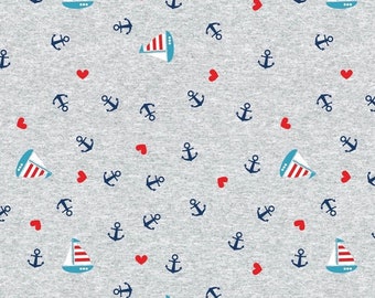 maritime cotton jersey print sailing boats hearts anchors on a mottled gray background | Miss from Julie