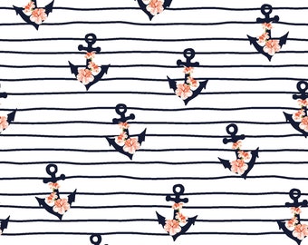 Cotton jersey fabric "Dina" flower anchors, white with salmon-colored flowers, old anchors and stripes