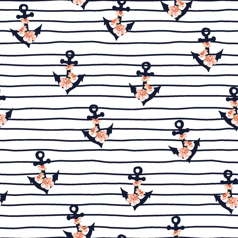 Cotton jersey fabric Dina flower anchors, white with salmon-colored flowers, old anchors and stripes image 1