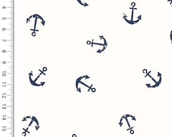 maritime muslin fabric natural with blue anchors - holiday by the sea - 100% cotton