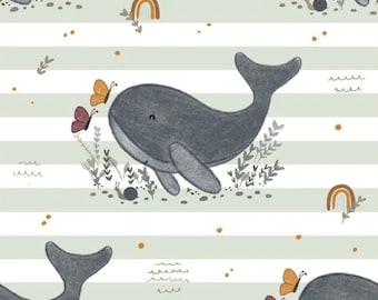 French Terry fabric whale with butterflies and rainbows on a striped background | Miss Julie
