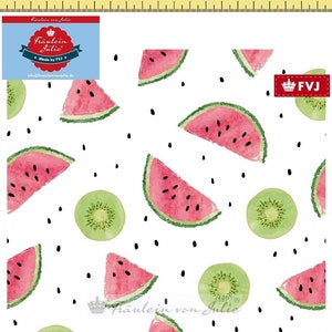 Cotton jersey fabric with melons and kiwis on a white background Miss Julie image 2