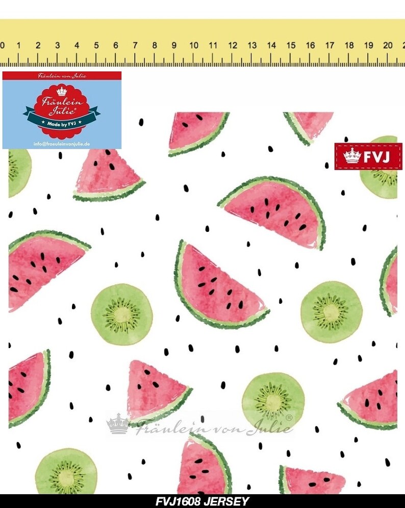 Cotton jersey fabric with melons and kiwis on a white background Miss Julie image 2