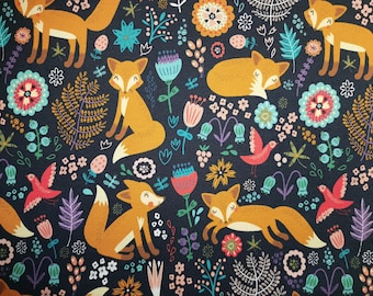 French terry fabric print orange fox with flowers with birds, flowers and ferns on a navy blue background