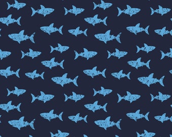 Cotton jersey fabric blue little shark on a navy blue background