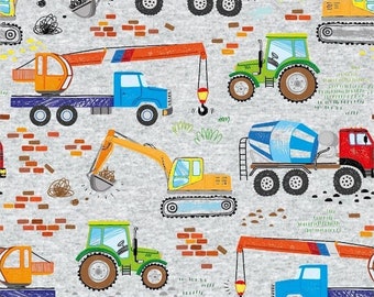 Cotton jersey fabric colorful construction site vehicles, crane, tipper, tractor, on a gray mottled background | Miss Julie