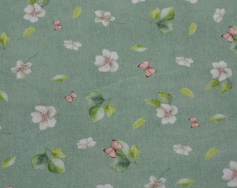 Cotton jersey fabric "Dina" spring meadow with pink flowers on a dark mint background | New collection 2024