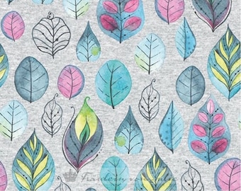 Cotton jersey fabric light gray mottled with colorful feathers / leaves | Fashion Fabrics by Miss von Julie