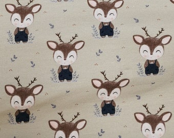 French Terry print of small cute roebuck / deer on a beige background | Miss Julie