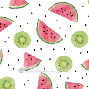 Cotton jersey fabric with melons and kiwis on a white background Miss Julie image 1