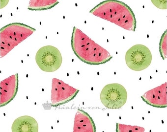 Cotton jersey fabric with melons and kiwis on a white background | Miss Julie