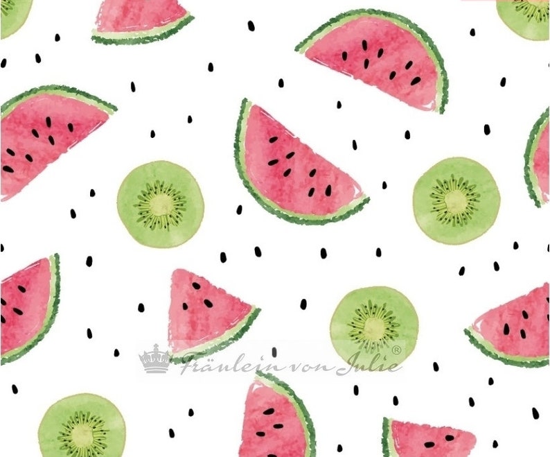 Cotton jersey fabric with melons and kiwis on a white background Miss Julie image 1