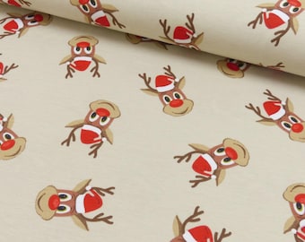 Remnants: Cotton jersey fabric small reindeer with red nose and Christmas hat on beige background; 0.5 m + 0.85 m