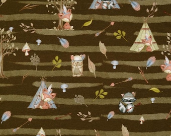 Cotton jersey Indian forest animals raccoon, bear, fox with tents and trees green/brown striped