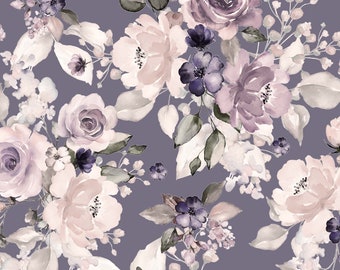 Muslin fabric print - roses white purple