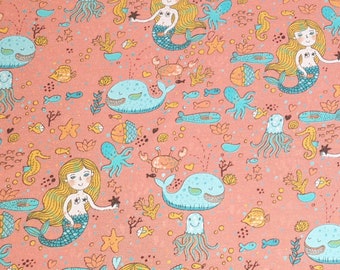 Remnants: cotton jersey fabric mermaid and whales, pink, various sizes