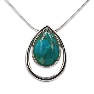 Teardrop silver pendant set with genuine Turquoise, gift for her, statement necklace,gemstone pendant,woman necklace,boho, simple bezel