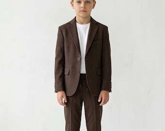 Chocolate Brown Boys' 3-Piece Suit Set: Blazer Pants & T-Shirt Wedding Ring Bearer Baptism Graduation Communion Church Birthday Party Outfit
