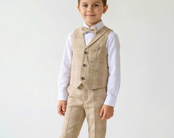 Traje de 4 piezas para niño a cuadros dorados: chaleco, camisa, pajarita y pantalón. Ideal para bodas, fiestas, cumpleaños, sesiones de fotos y graduaciones.