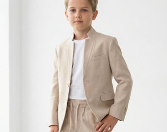 Boys' Slim Fit Tan Suit – 3-Piece Set Blazer Pants & T-Shirt, Wedding Graduation School Birthday Outfit
