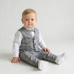Baby Boy Blue Striped Suit 4-Piece Set: Vest Shirt Bow Tie Pants, Wedding Party Easter Birthday Photoshoot Occasion Graduation Outfit