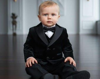 Boys' Black Tuxedo Suit with Bowtie 5-piece Set Velvet Shawl Lapel Formal Wedding Ring Bearer 1st Birthday Photoshoot Baptism Graduation