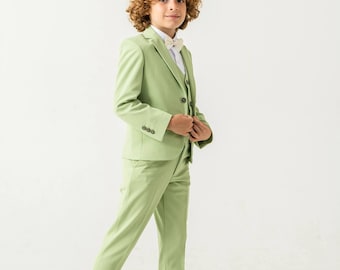 Boys' Suit Green 5-Piece Set: Blazer Shirt Vest Bow Tie & Pants, Formal Wedding Photoshoot Graduation Christening Communion Baptism Outfit