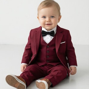 boys burgundy dress shirt Boys Long Sleeve Dress Shirt & Pants Matching Set Gingham Burgundy & Navy Blue 3T main image 1