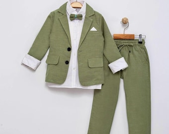 Boys' Green Suit 4-Piece Set: Wedding Guest Graduation Birthday Party Communion Baptism Outfit
