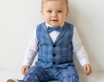 Ensemble 4 pièces costume rayé bleu bébé garçon : gilet, chemise, pantalon noeud papillon, fête de mariage, anniversaire, pâques, séance photo, occasion, tenue de remise des diplômes