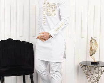 White Embroidered Shirt & Pants 2-Piece Set, African Men's Traditional Attire Wedding Party Groom Outfit Groomsmen Grad Prom Birthday Cotton