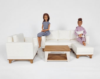 Dollhouse Handmade Furniture Set. 1:6 Scale Miniature Sofa, Couch, Armchair, Ottoman, Table and TV Unit.